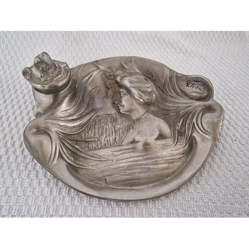 749 - Decorative Vintage White Metal Desk Tidy with Ink Well, Interesting Shape with Female Bust, (Approx.... 