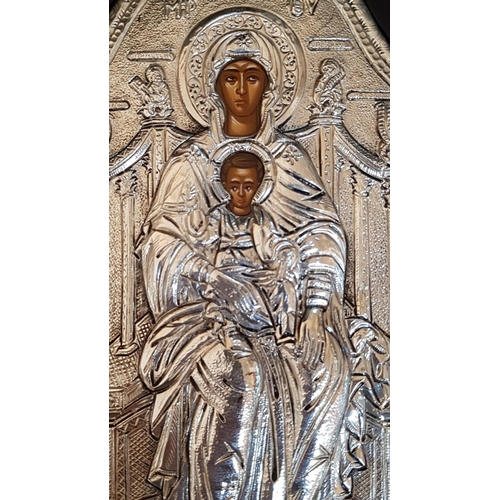 766 - Silver Orthodox Icon, Copy of Byzantine Art; Image of Holy Mother with Child, Made of Traditional Ha... 