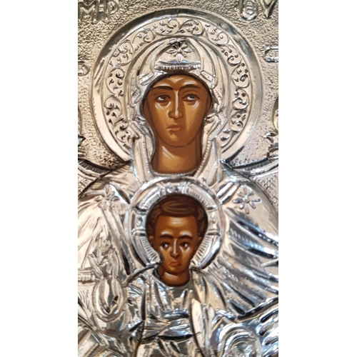 766 - Silver Orthodox Icon, Copy of Byzantine Art; Image of Holy Mother with Child, Made of Traditional Ha... 