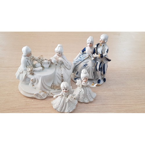 56 - 4 x Porcelain Ornaments; 2 x Victorian Style Girls with Posies (10cm), Plus Regency 'Couple of Settl... 