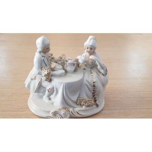 56 - 4 x Porcelain Ornaments; 2 x Victorian Style Girls with Posies (10cm), Plus Regency 'Couple of Settl... 