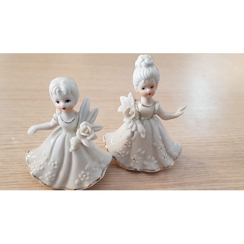 56 - 4 x Porcelain Ornaments; 2 x Victorian Style Girls with Posies (10cm), Plus Regency 'Couple of Settl... 