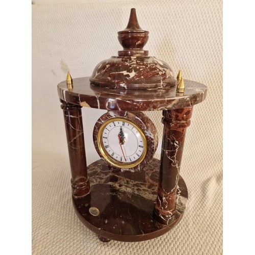 117A - Round Monument Style 4-Pillar Marble Clock with Brass Fittings and Hanging Quartz Movement, * Runnin... 