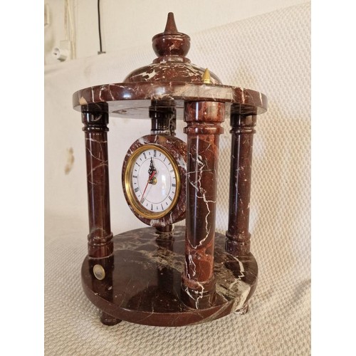 117A - Round Monument Style 4-Pillar Marble Clock with Brass Fittings and Hanging Quartz Movement, * Runnin... 