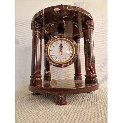 117A - Round Monument Style 4-Pillar Marble Clock with Brass Fittings and Hanging Quartz Movement, * Runnin... 