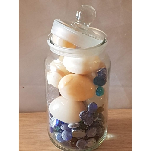 720 - Home Decoration: Glass Jar with Lid, 9 x Natural Stone Eggs, Large Cobalt Blue Glass Egg and Qty of ... 