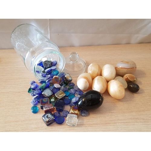 720 - Home Decoration: Glass Jar with Lid, 9 x Natural Stone Eggs, Large Cobalt Blue Glass Egg and Qty of ... 