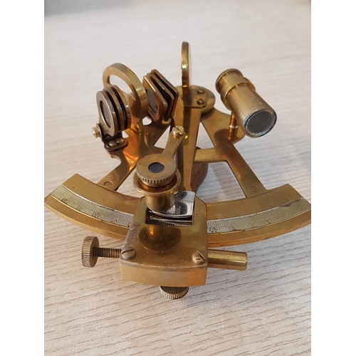 13 - Boxed Brass Lensed Sextant, Calibrated, (Approx. 14 x 8 x 8cm)