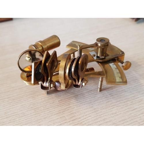 13 - Boxed Brass Lensed Sextant, Calibrated, (Approx. 14 x 8 x 8cm)