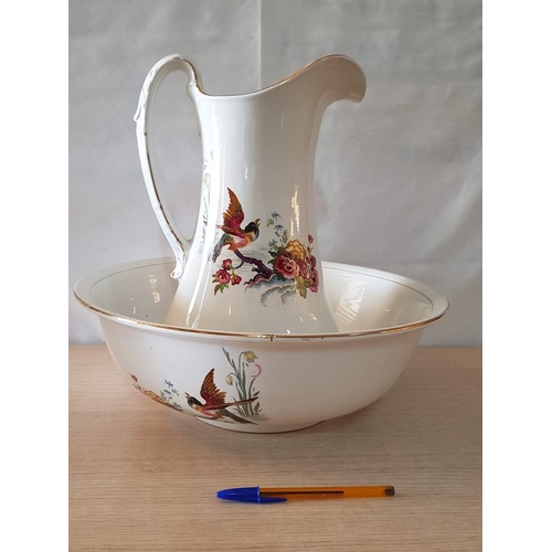 15 - Burslem England Vintage Jug & Wash Bowl Set with 'Birds & Flowers' Motif, (Approx. Bowl: Ø: 40cm, Ju... 