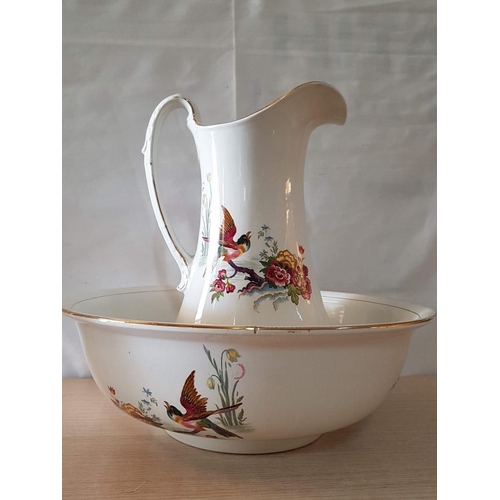 15 - Burslem England Vintage Jug & Wash Bowl Set with 'Birds & Flowers' Motif, (Approx. Bowl: Ø: 40cm, Ju... 