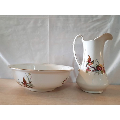 15 - Burslem England Vintage Jug & Wash Bowl Set with 'Birds & Flowers' Motif, (Approx. Bowl: Ø: 40cm, Ju... 