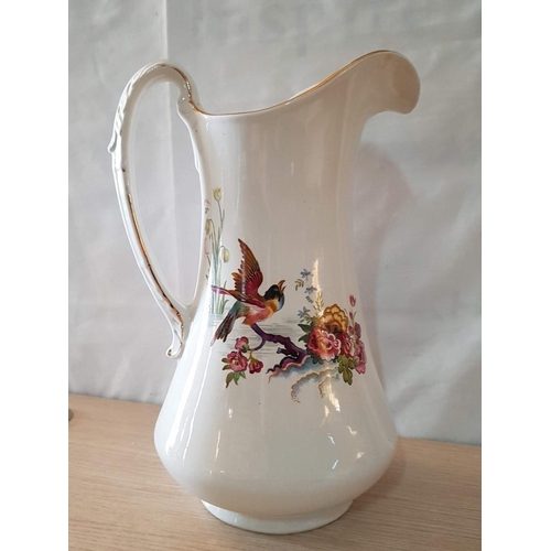 15 - Burslem England Vintage Jug & Wash Bowl Set with 'Birds & Flowers' Motif, (Approx. Bowl: Ø: 40cm, Ju... 