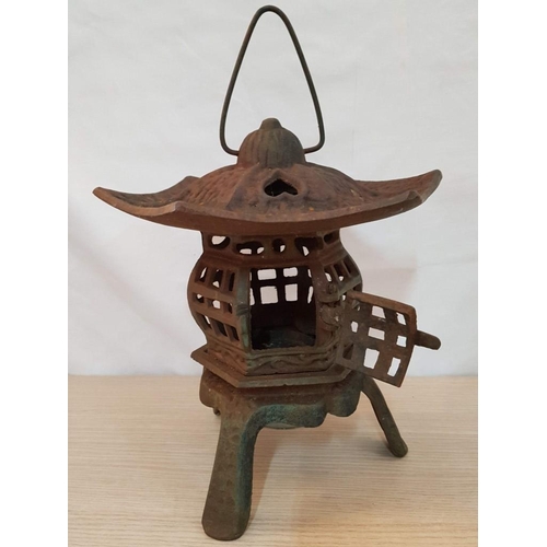 18 - Vintage Pagoda Style Cast Iron Outside Lantern, (Approx. 26 x 20cm + Handle)