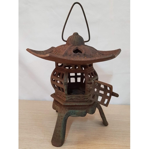 18 - Vintage Pagoda Style Cast Iron Outside Lantern, (Approx. 26 x 20cm + Handle)