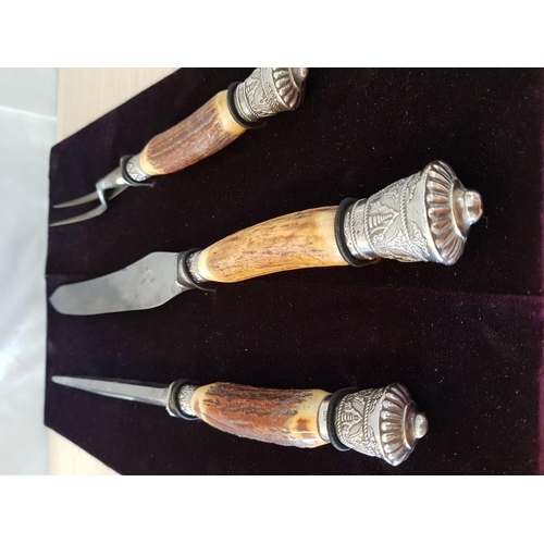 21 - Antique Classic English Stag Antler 3-Piece Carving Set Marked 'Robert E. Mosley', Shear Sheffield S... 