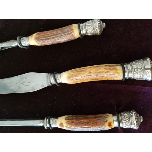 21 - Antique Classic English Stag Antler 3-Piece Carving Set Marked 'Robert E. Mosley', Shear Sheffield S... 