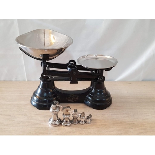 28 - Vintage Libra Kitchen Balance Scales with Chromed Bowls and Set of 6 x Chromed Bell Weights