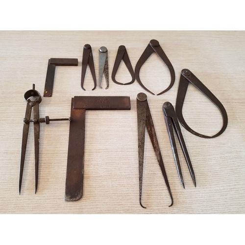 30 - Engineer's Vintage Measuring Calipers and Set of Squares, (10)