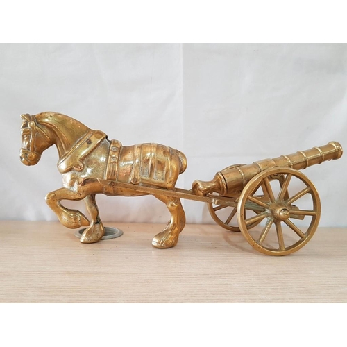 35 - Heavy Figure of Brass Horse Drawing a Cannon on Wheels, (Approx. L: 47cm)