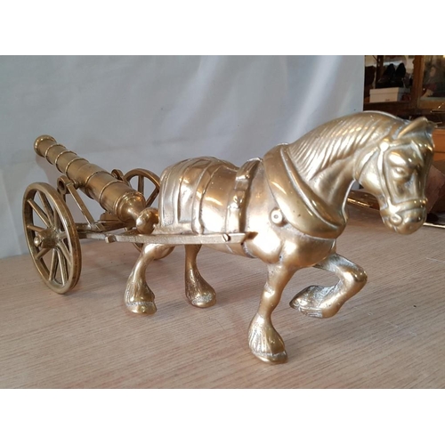 35 - Heavy Figure of Brass Horse Drawing a Cannon on Wheels, (Approx. L: 47cm)