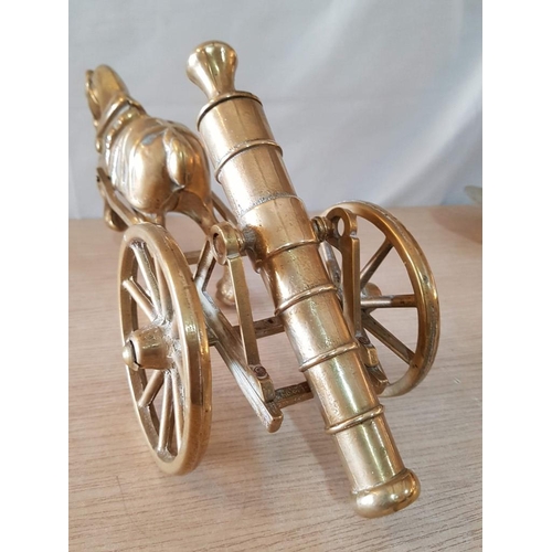 35 - Heavy Figure of Brass Horse Drawing a Cannon on Wheels, (Approx. L: 47cm)