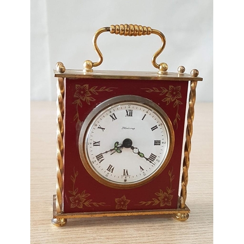 38 - West German Mid-20th Century Mechanical Desk Alarm Clock with White Dial, Roman Numerals, brass Barl... 