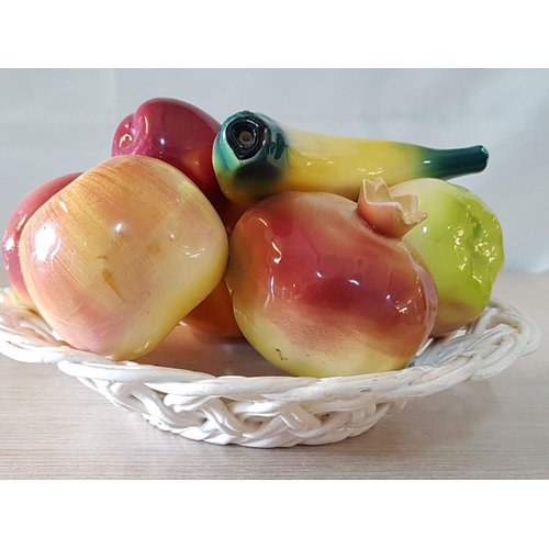 44 - Portuguese Porcelain Ornamental Basket of Fruit in Lattice Work Bowl, (Approx. 24 x 14cm)