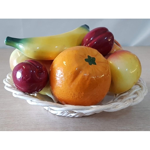 44 - Portuguese Porcelain Ornamental Basket of Fruit in Lattice Work Bowl, (Approx. 24 x 14cm)