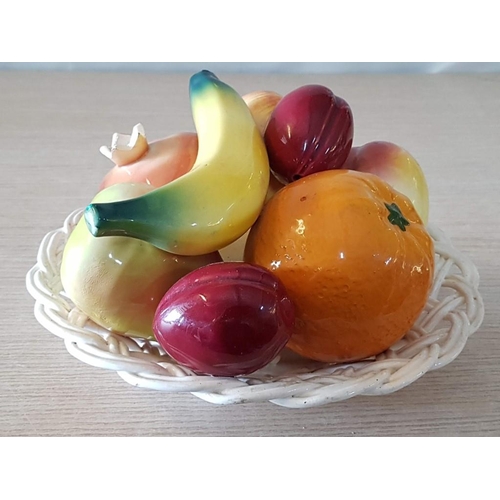 44 - Portuguese Porcelain Ornamental Basket of Fruit in Lattice Work Bowl, (Approx. 24 x 14cm)