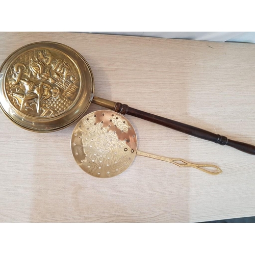 45 - Brass Skimmer (L: 48cm) with 19.5cm Bowl, Together with Brass Embossed Bed Warming Pan Depicting the... 