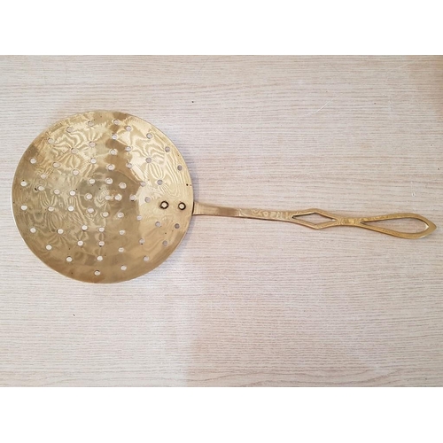 45 - Brass Skimmer (L: 48cm) with 19.5cm Bowl, Together with Brass Embossed Bed Warming Pan Depicting the... 