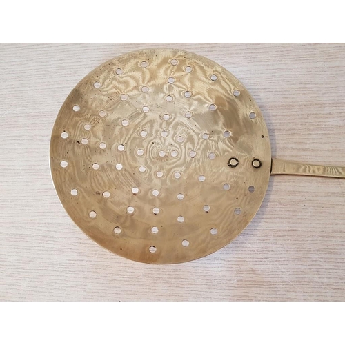 45 - Brass Skimmer (L: 48cm) with 19.5cm Bowl, Together with Brass Embossed Bed Warming Pan Depicting the... 