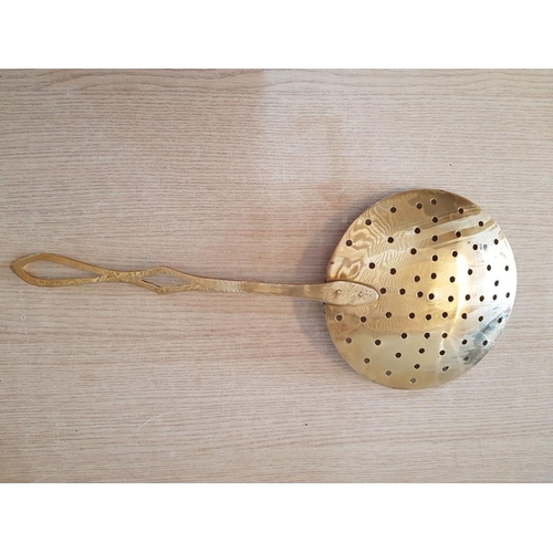 45 - Brass Skimmer (L: 48cm) with 19.5cm Bowl, Together with Brass Embossed Bed Warming Pan Depicting the... 