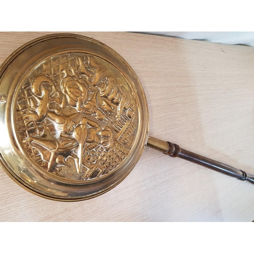 45 - Brass Skimmer (L: 48cm) with 19.5cm Bowl, Together with Brass Embossed Bed Warming Pan Depicting the... 