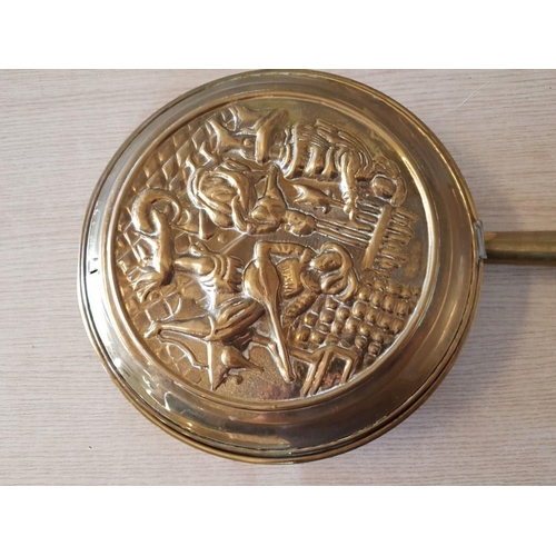 45 - Brass Skimmer (L: 48cm) with 19.5cm Bowl, Together with Brass Embossed Bed Warming Pan Depicting the... 