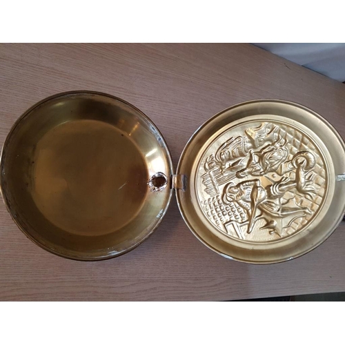 45 - Brass Skimmer (L: 48cm) with 19.5cm Bowl, Together with Brass Embossed Bed Warming Pan Depicting the... 