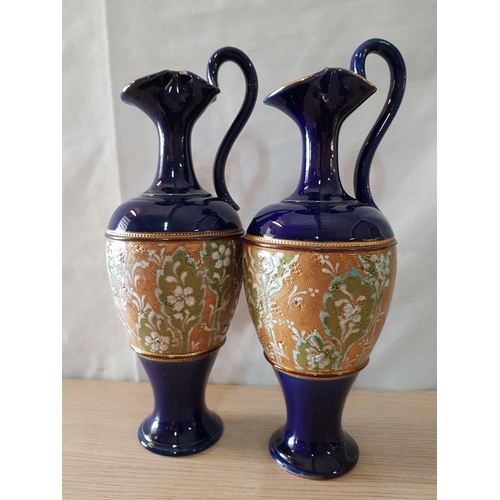 50 - Pair of Cobalt Blue Art Deco Ewers by Doulton of Lambeth, with Tapestry Pattern Motif, (Approx. H: 3... 