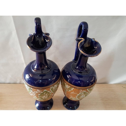 50 - Pair of Cobalt Blue Art Deco Ewers by Doulton of Lambeth, with Tapestry Pattern Motif, (Approx. H: 3... 