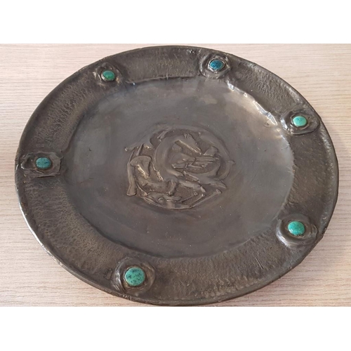 58 - Arts & Crafts Plate with Pewter Finish, Fish Design with Stone Inserts, (Approx. Ø: 26cm)