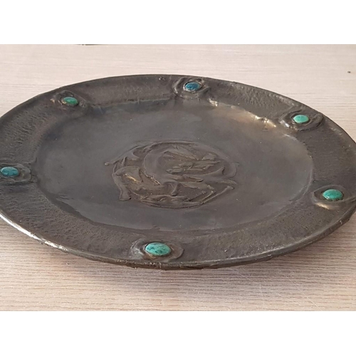 58 - Arts & Crafts Plate with Pewter Finish, Fish Design with Stone Inserts, (Approx. Ø: 26cm)