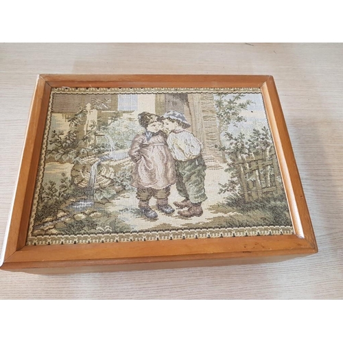 59 - Small Wooden Storage Box with 'Dutch Boy & Girl' Tapestry Inlaid Lid, (Approx. 36 x 27 x 12cm)