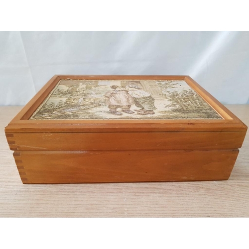 59 - Small Wooden Storage Box with 'Dutch Boy & Girl' Tapestry Inlaid Lid, (Approx. 36 x 27 x 12cm)