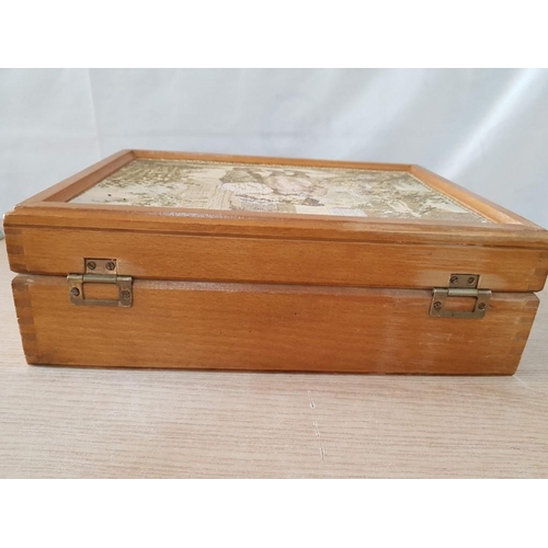 59 - Small Wooden Storage Box with 'Dutch Boy & Girl' Tapestry Inlaid Lid, (Approx. 36 x 27 x 12cm)