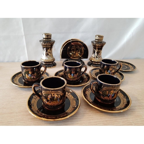 69 - Grecian Black & Gold Porcelain, Incl. Cups & Saucers, Napkin Holder and Pair of Candlesticks, (14 pc... 