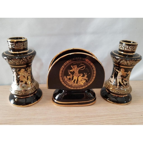 69 - Grecian Black & Gold Porcelain, Incl. Cups & Saucers, Napkin Holder and Pair of Candlesticks, (14 pc... 