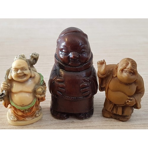 65 - Mini Figures; Smiling Buddhas (H: 5.5cm) and Happy Monk, (H: 6.5cm)