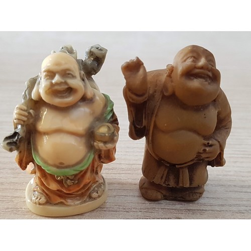 65 - Mini Figures; Smiling Buddhas (H: 5.5cm) and Happy Monk, (H: 6.5cm)