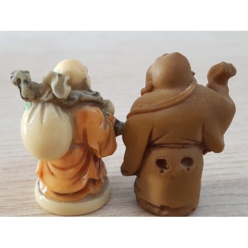 65 - Mini Figures; Smiling Buddhas (H: 5.5cm) and Happy Monk, (H: 6.5cm)