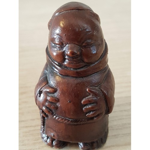 65 - Mini Figures; Smiling Buddhas (H: 5.5cm) and Happy Monk, (H: 6.5cm)